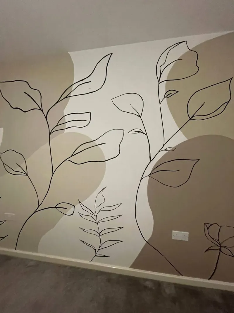 Botanical line mural with leaves, ferns and earthy shapes.